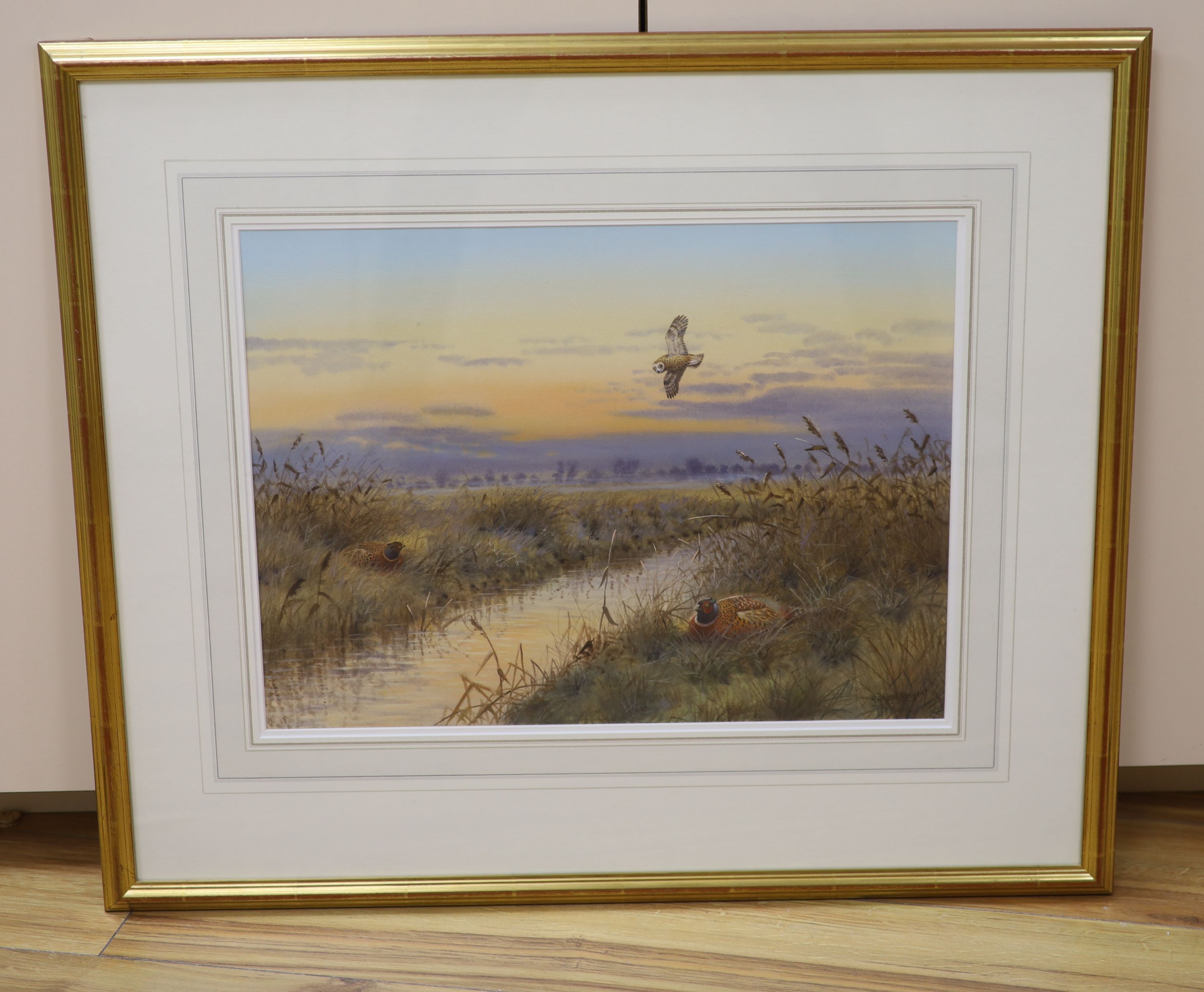 Richard Robjent (b. 1937), watercolour and gouache on paper, Fenland landscape with pheasant and barn owl, signed, 36 x 48cm